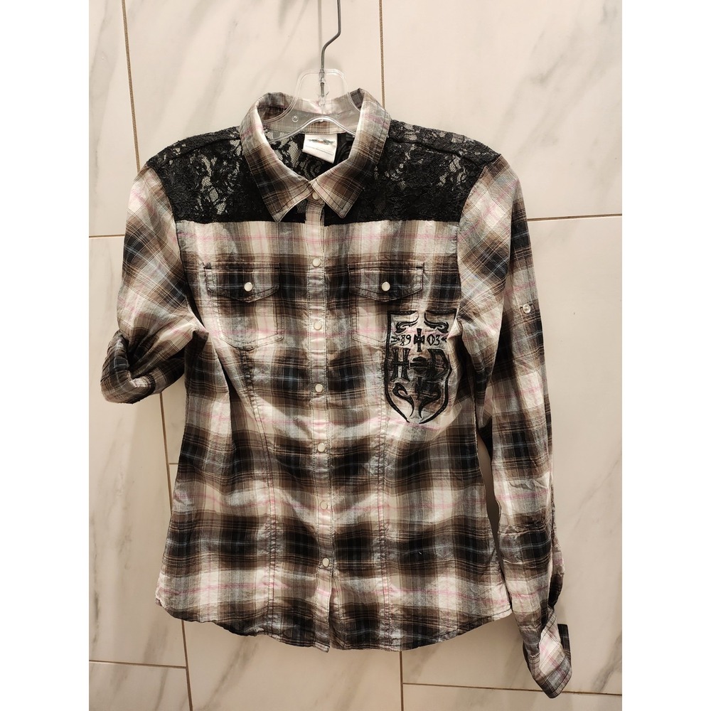 Harley-Davidson Shirt Womens Medium Plaid Lace Yoke Western Embroidered Crest